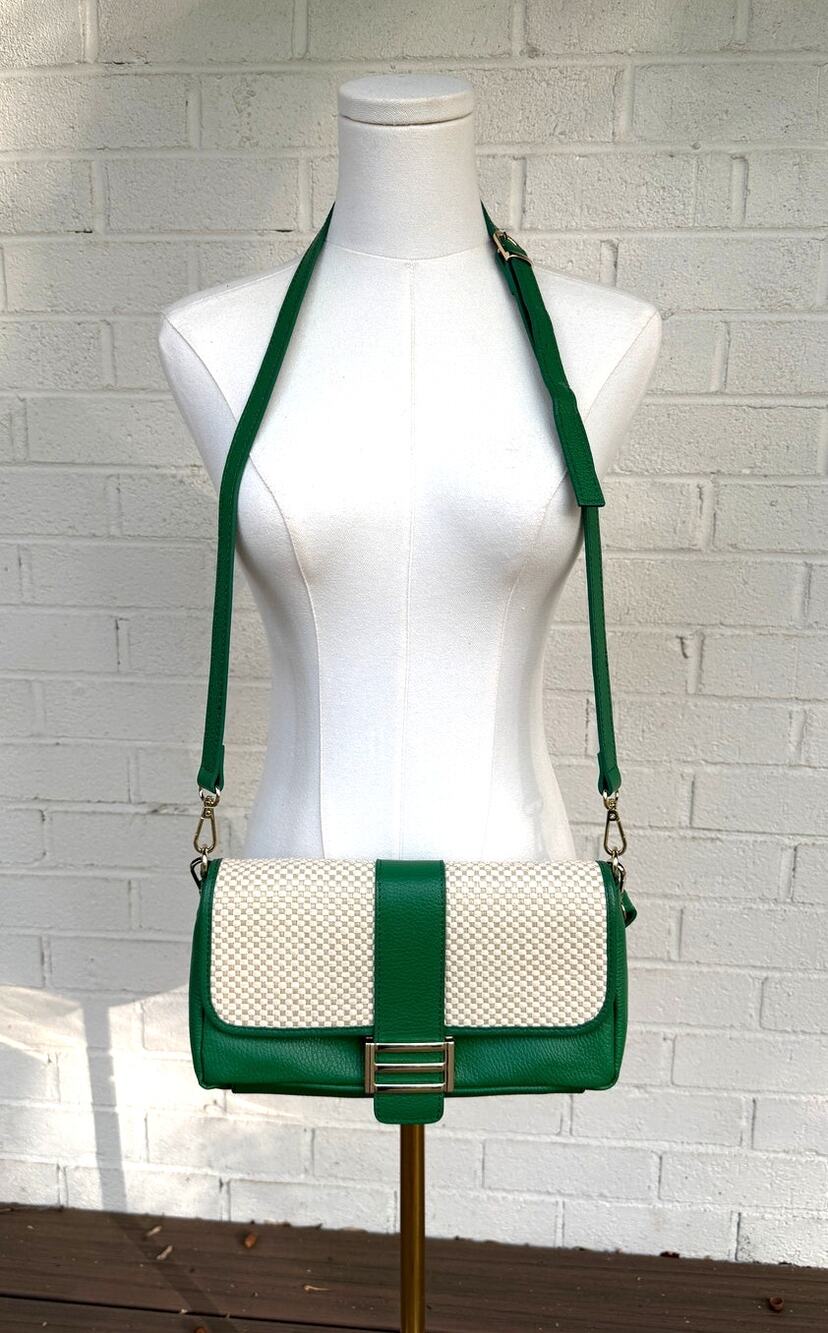 Divina Firenze Emerald Green Leather Rattan Crossbody Bag Italy
